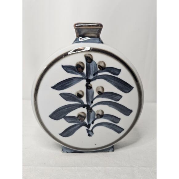 Vintage Japanese Flask Shaped Glazed Blue and White Pottery Vase Embossed Mark - Picture 1 of 9